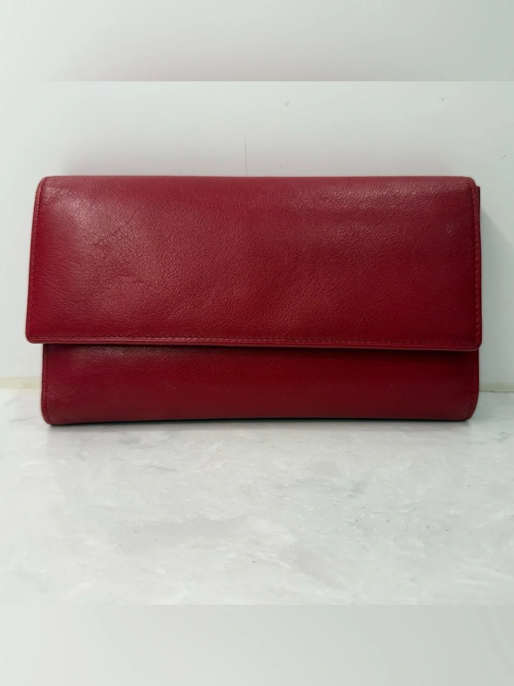 TUMI Red Leather Trifold Wallet w/ Checkbook Holder